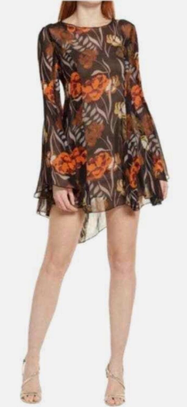 Katie May Slipparella Black Brown Bell Sleeve Sheer Floral Boho Dress XL